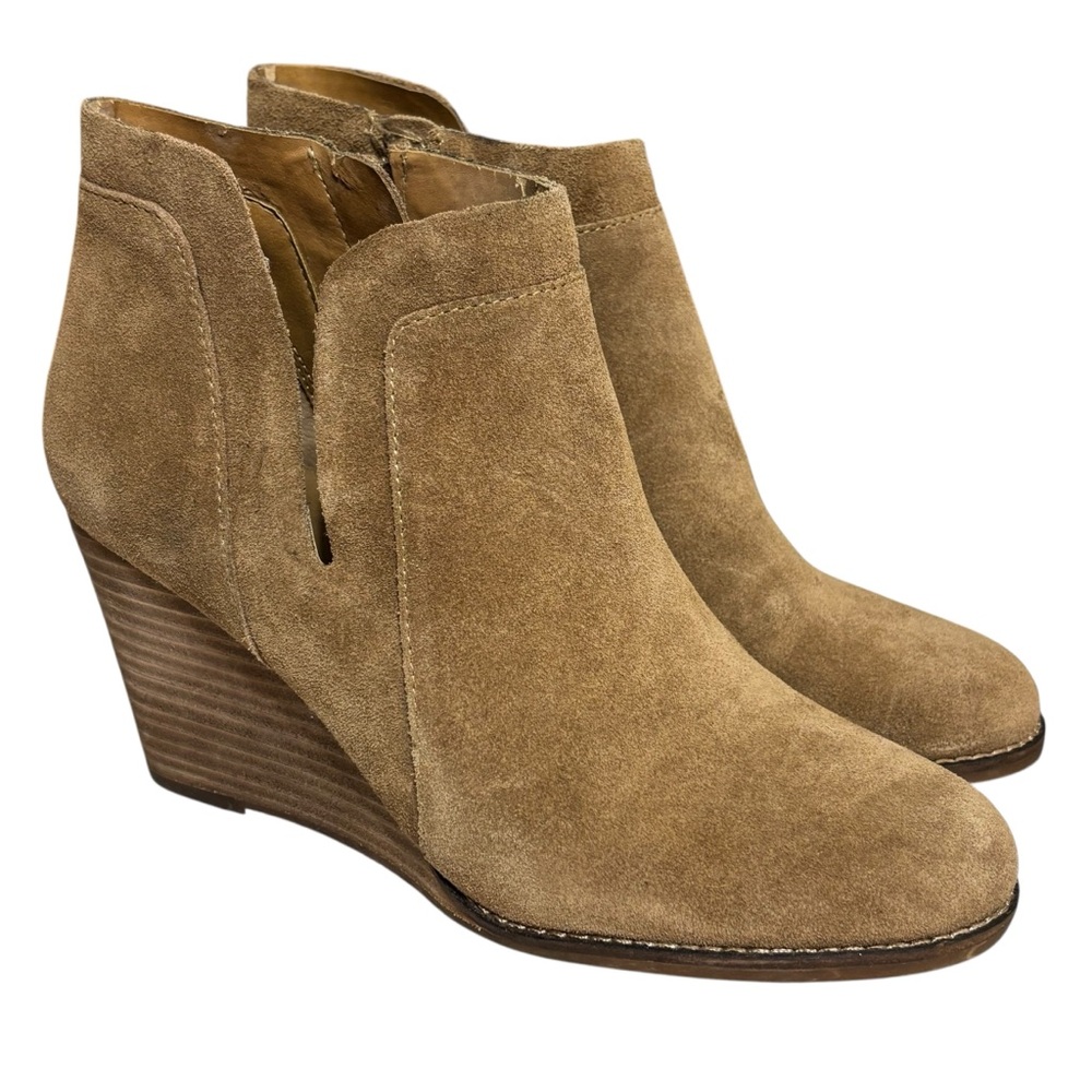Lucky Brand wedges Yabba tan suede open notch stacked heel size 8.5
